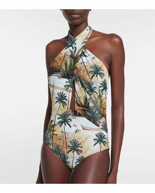 Johanna Ortiz Green Hidden Paradise Printed Halterneck Swimsuit