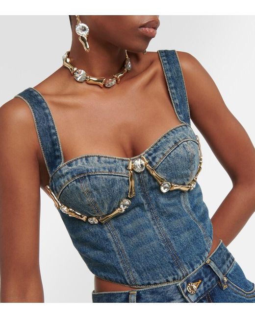 Area Blue Claw Cup Crystal-embellished Denim Bustier