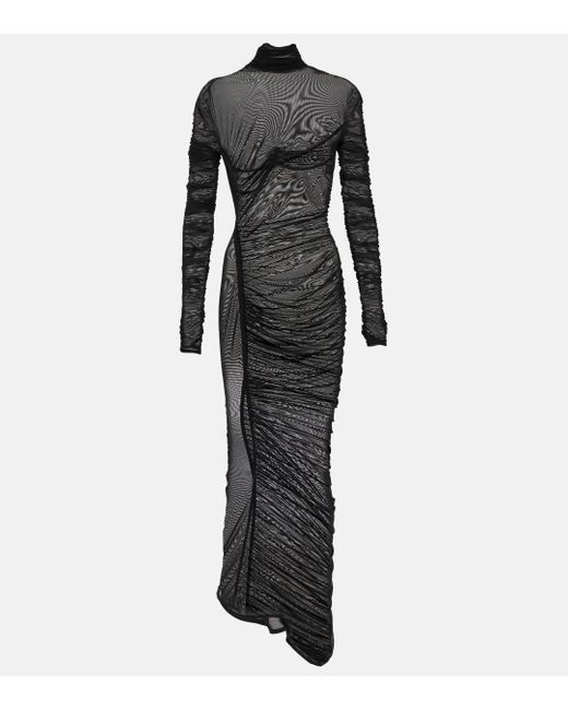 Mugler Black Ruched Sheer Maxi Dress