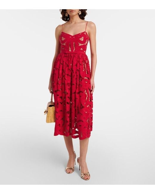 Self-Portrait Red Bow Lace Linen And Cotton Midi Dress
