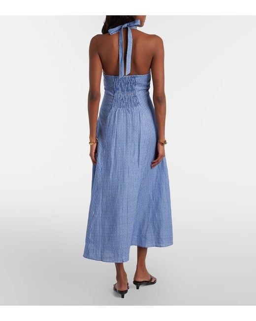 Faithfull The Brand Blue Marais Checked Linen Midi Dress