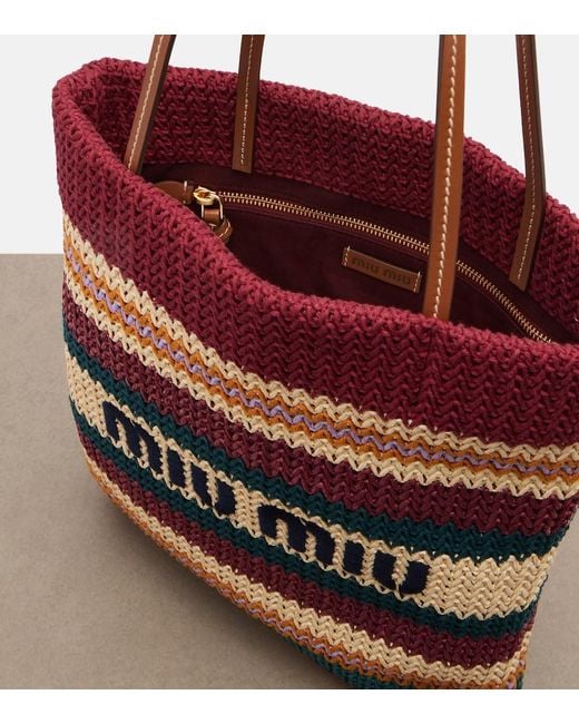 Miu Miu Red Woven Raffia-Effect Shopper