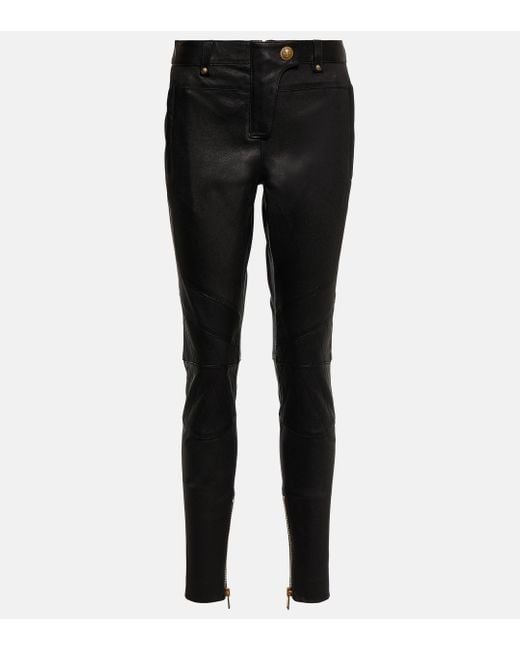 Pantalon skinny a taille basse en cuir Balmain en coloris Black