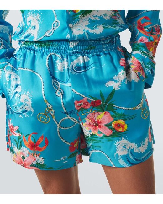 Gucci Blue Printed Silk Twill Shorts for men