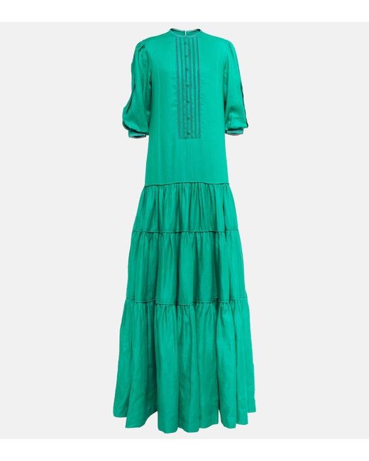 Costarellos Green Tiered Linen Maxi Dress