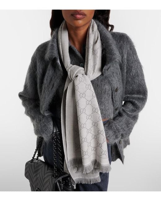 Gucci Gray Gg Wool Jacquard Scarf