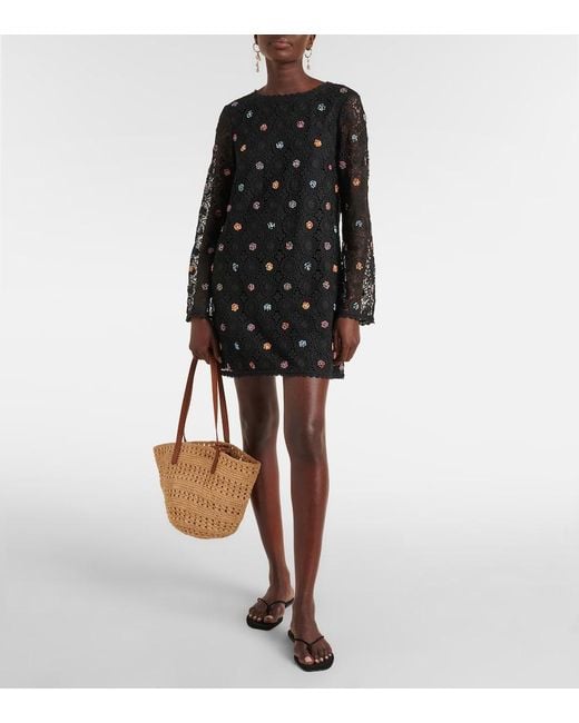 Rixo Black Mylene Crochet Beaded Mini Dress