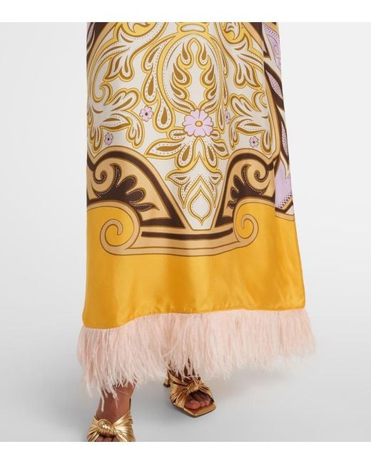 LaDoubleJ Metallic Printed Feather-Trimmed Silk Maxi Dress
