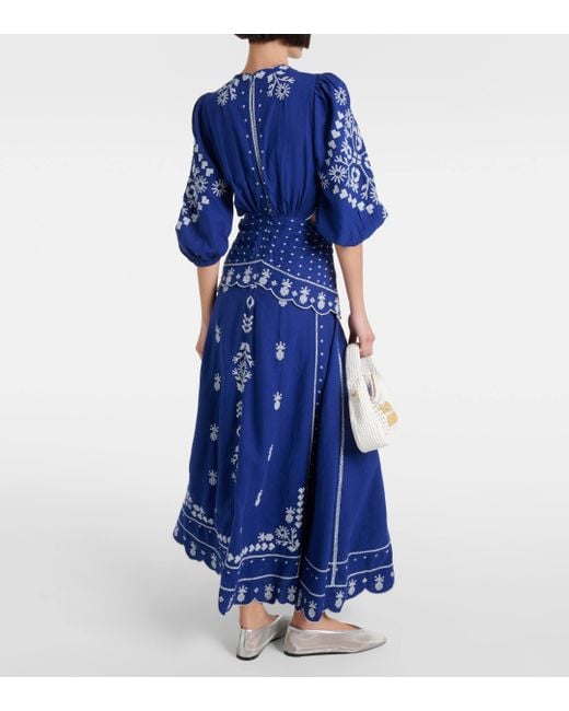 Farm Rio Blue Embroidered Cut-out Maxi Dress