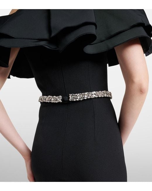 Safiyaa Black Ryan Crystal-Embellished Ruffled Crepe Gown