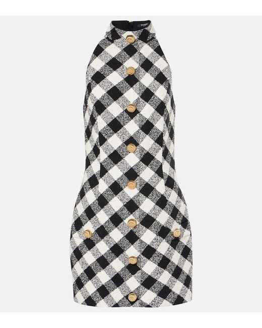 Balmain White Halterneck Cotton-Blend Tweed Minidress