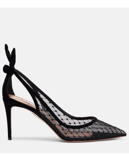 Aquazzura Black Bow Tie 85 Suede-Trimmed Mesh Pumps