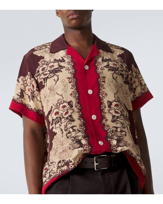 Bode Red Printed Silk Bowling Shirt for men