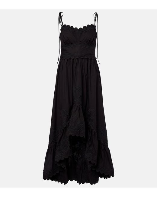 Juliet Dunn Black Asymmetric Embroidered Cotton Midi Dress