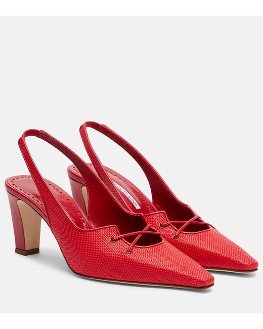 Manolo Blahnik Red Montbalo Raffia Slingback Pumps