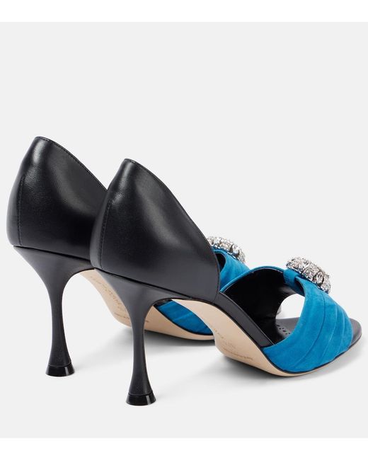 Manolo Blahnik Blue Ansak 90 Embellished Suede Mules