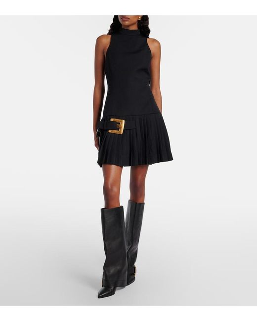 Balmain Black Pleated Virgin Wool Minidress