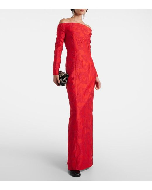 Emilia Wickstead Red Zarith Jacquard Off-Shoulder Boucle Maxi Dress