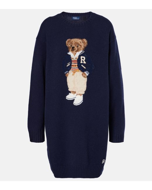 Polo Ralph Lauren Blue Wool-Cashmere Polo Bear Mini Dress