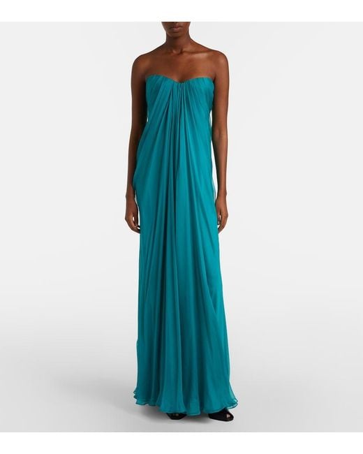 McQueen Blue Draped Silk Chiffon Bustier Gown