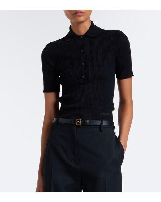 Fendi Black Ribbed-Knit Wool-Blend Polo Shirt