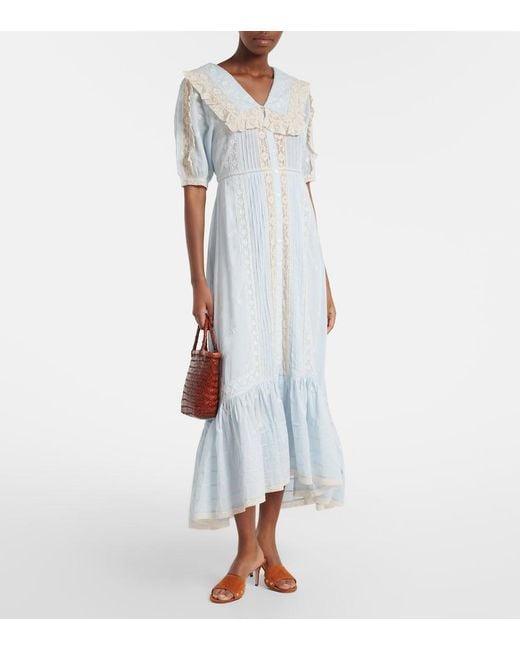 Rixo Blue Edina Embroidered Cotton Midi Dress