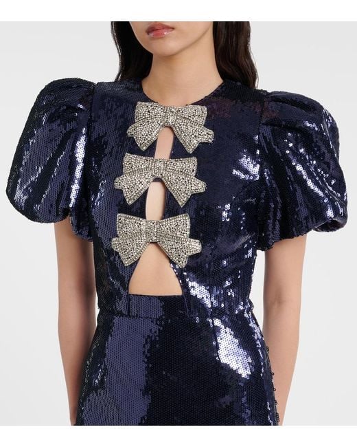 Rebecca Vallance Blue Cressida Puff-Sleve Sequined Gown