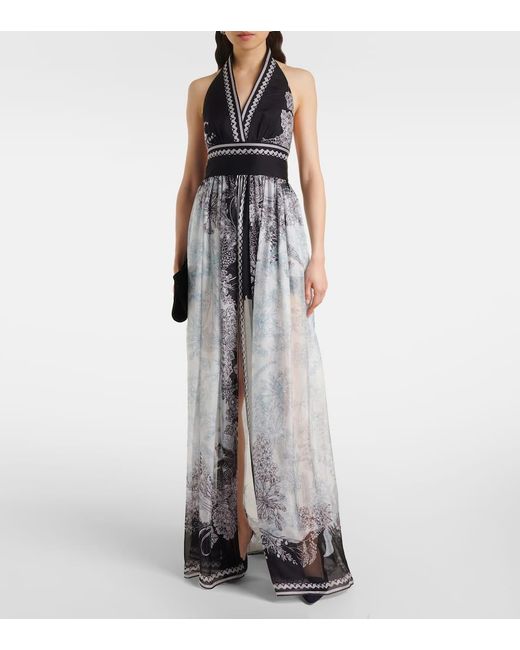 Elie Saab White Printed Silk Chiffon Maxi Dress