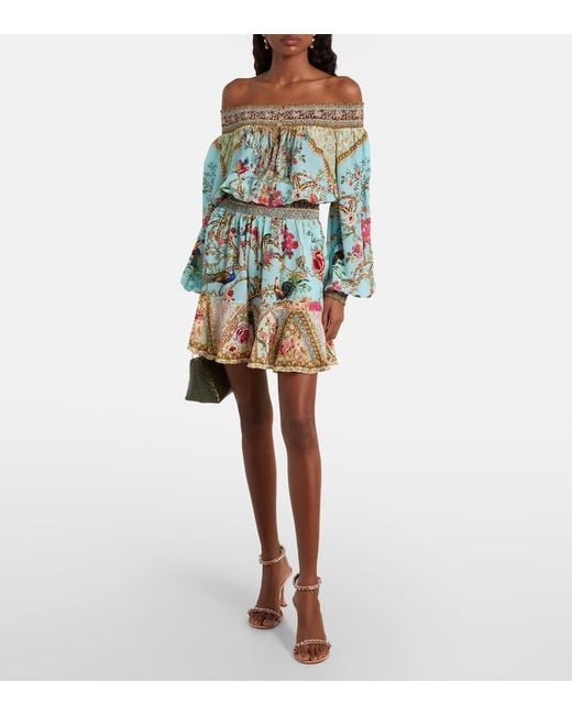 Camilla Blue Embellished Off-Shoulder Silk Crepe Minidress