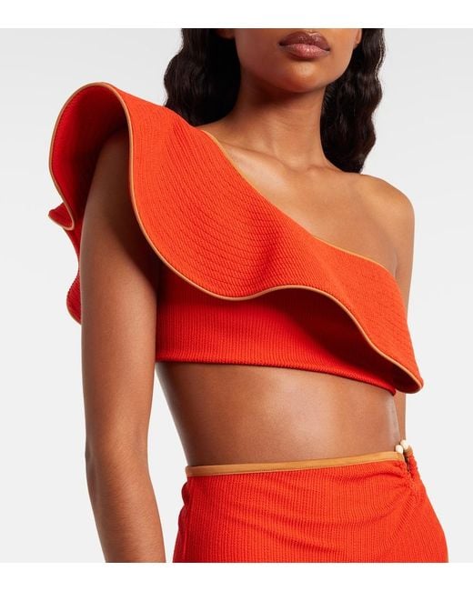 Johanna Ortiz Red One-Shoulder Ruffled Bikini Top