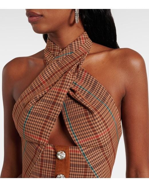 Area Brown Checked Halterneck Wool-Blend Top