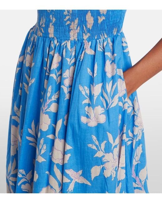 Poupette Blue Suzanne Shirred Cotton Muslin Maxi Dress