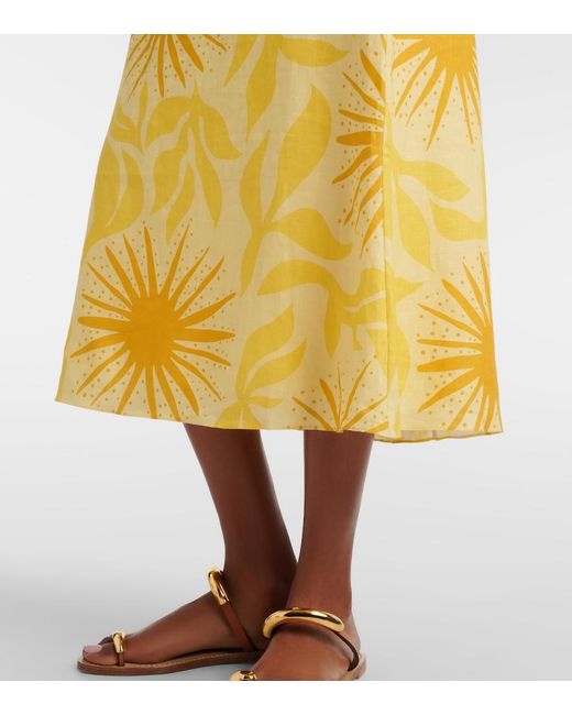 Cala De La Cruz Yellow Fabiana Printed Linen Midi Skirt