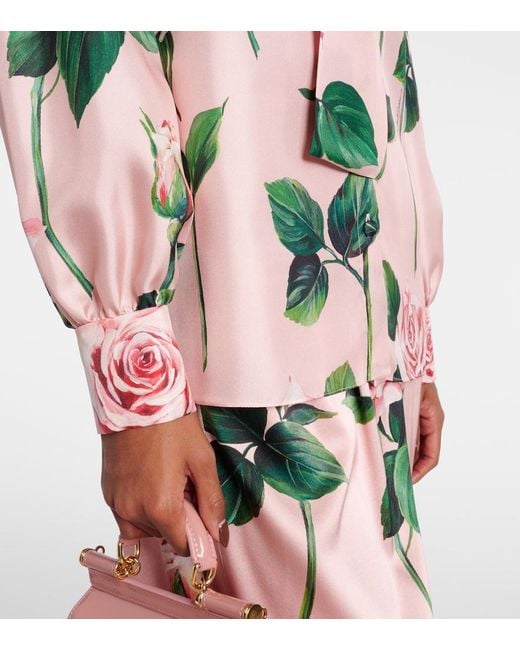 Dolce & Gabbana Pink Floral Tie-Neck Silk Satin Blouse