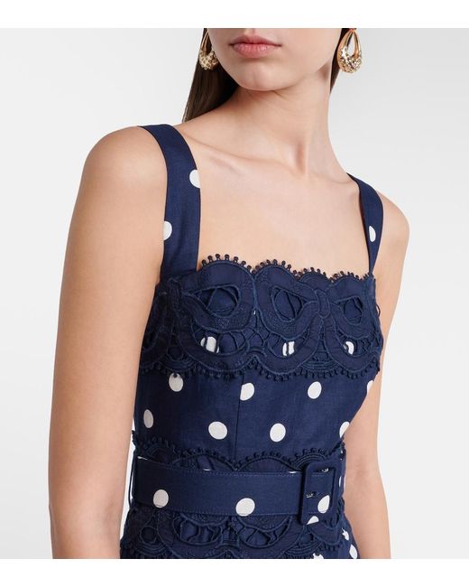 Self-Portrait Blue Polka-Dot Linen And Cotton Midi Dress