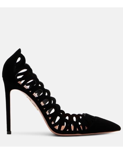 Aquazzura Black Peep 105 Scalloped Leather Pumps