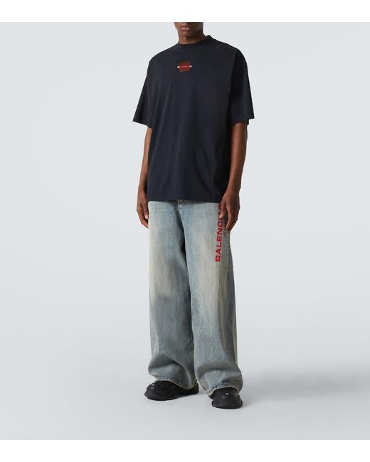 Balenciaga Blue Logo Embroidered Wide-Leg Jeans for men