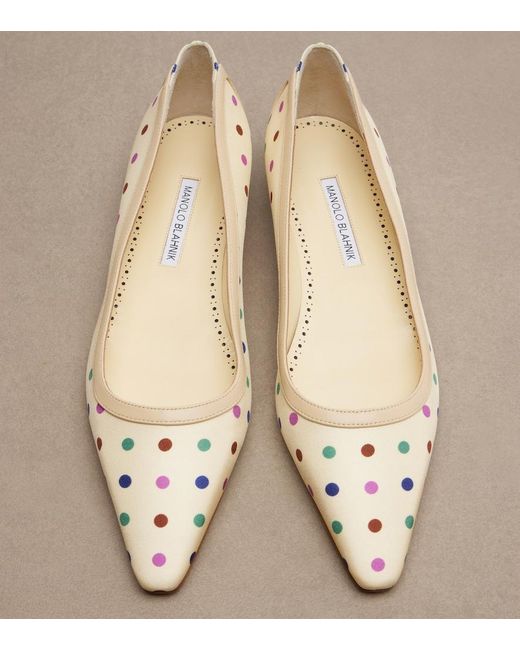Manolo Blahnik Natural Filotas Leather-Trimmed Polka-Dot Ballet Flats