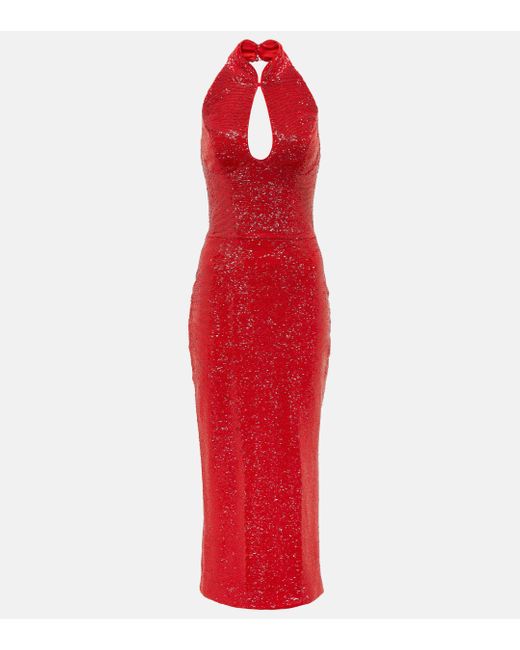 Rasario Red Sequined Cutout Midi Dress