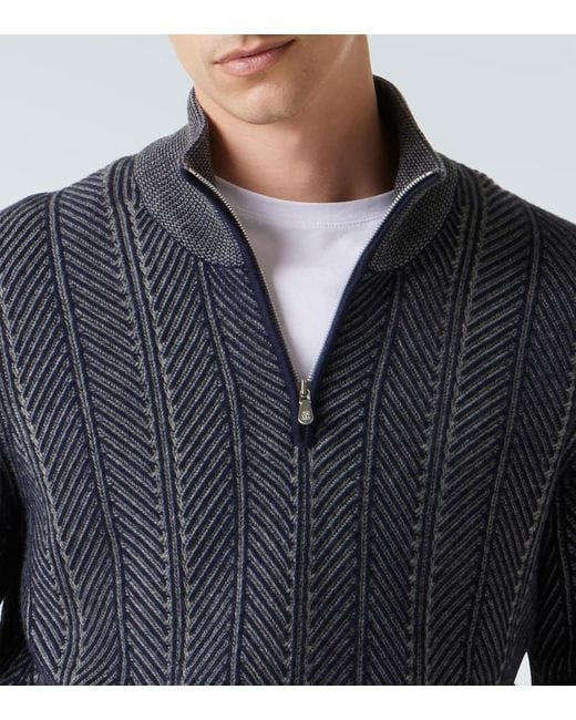 Brunello Cucinelli Blue Herringbone Cashmere Half-Zip Sweater for men