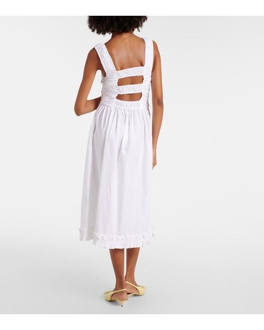 Ganni White Shirred Cotton Poplin Midi Dress