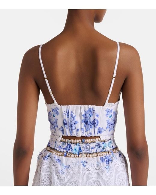 Camilla Blue Printed Lace-Trimmed Linen Bra Top