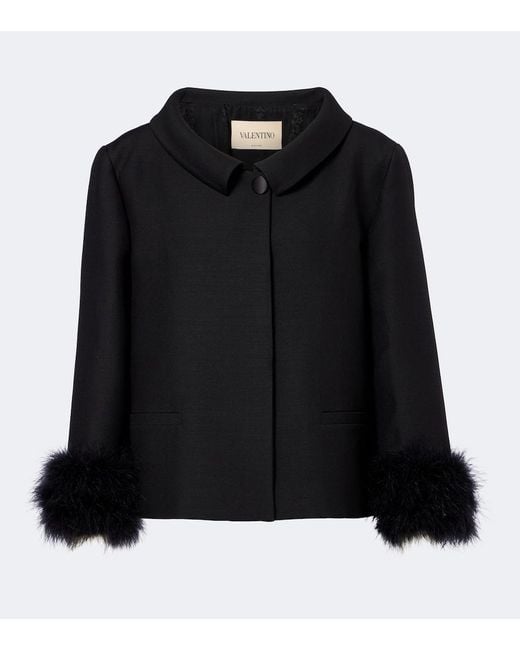 Valentino Black Crepe Couture Feather-Trimmed Jacket