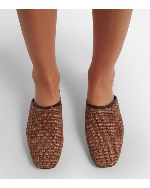 Brunello Cucinelli Brown Leather-Trimmed Raffia Mules