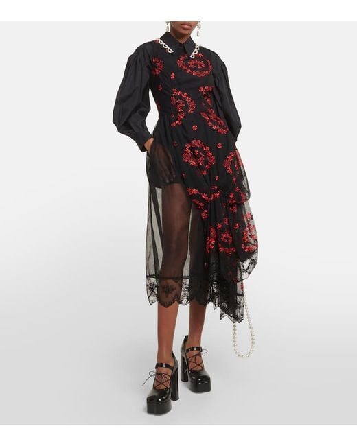 Simone Rocha Floral Embroidered Tulle Midi Dress in Black | Lyst UK
