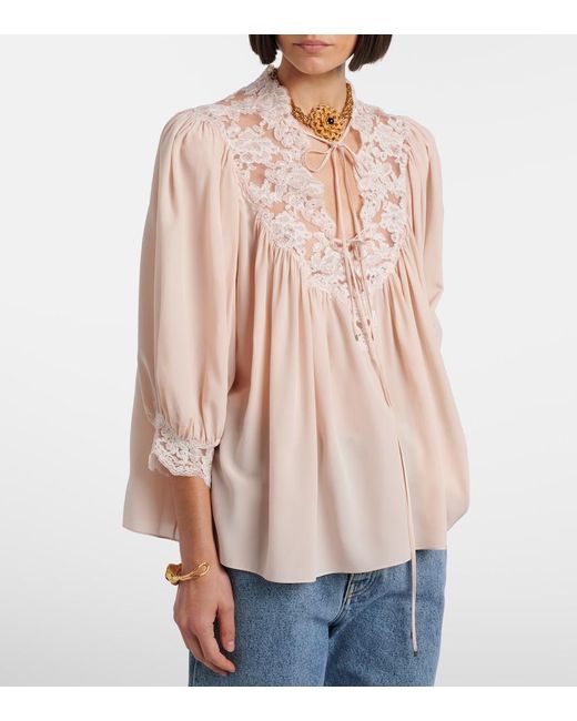 Chloé Natural Lace-Trimmed Silk Crepe De Chine Blouse