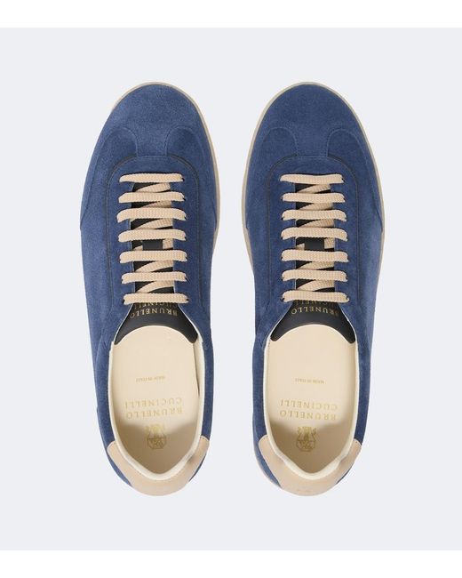 Brunello Cucinelli Blue Leather-Trimmed Suede Sneakers for men