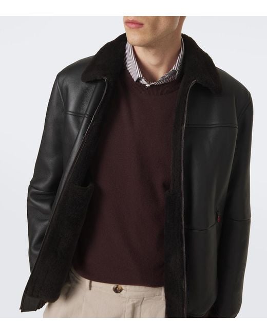 Kiton Black Shearling-Trimmed Leather Bomber Jacket for men