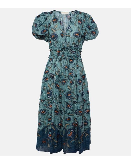 Ulla Johnson Blue Eloisa Puff-sleeve Cotton-blend Midi Dress