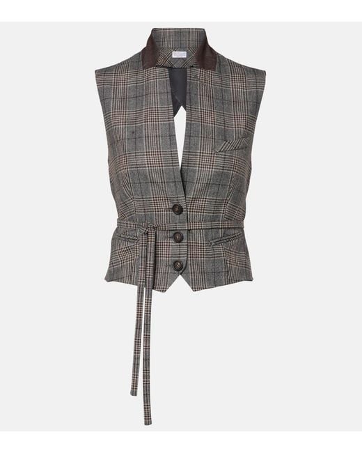 Brunello Cucinelli Gray Belted Checked Virgin Wool Vest